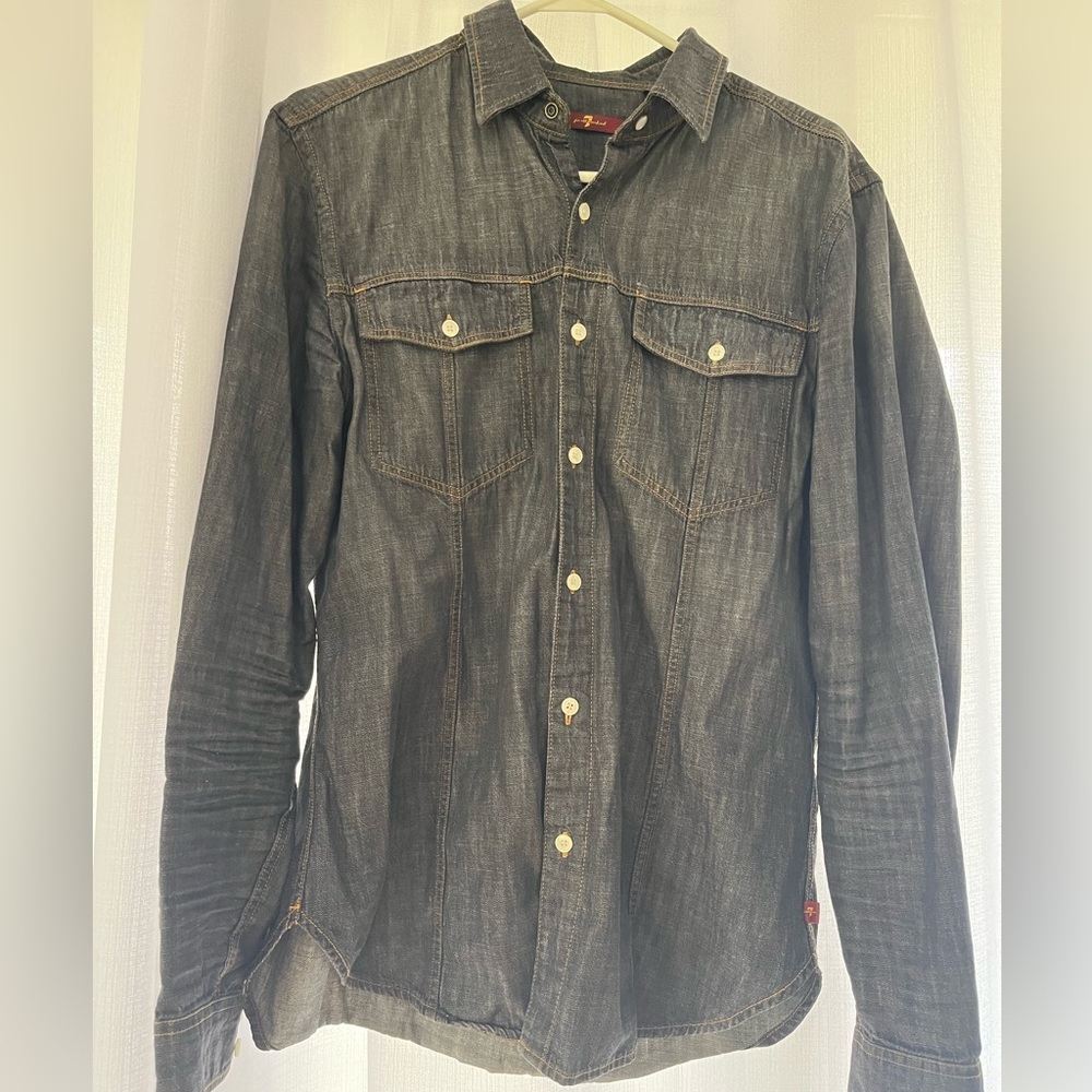 7 For All Mankind Men’s Button-down Grey Denim Shirt - Size Small